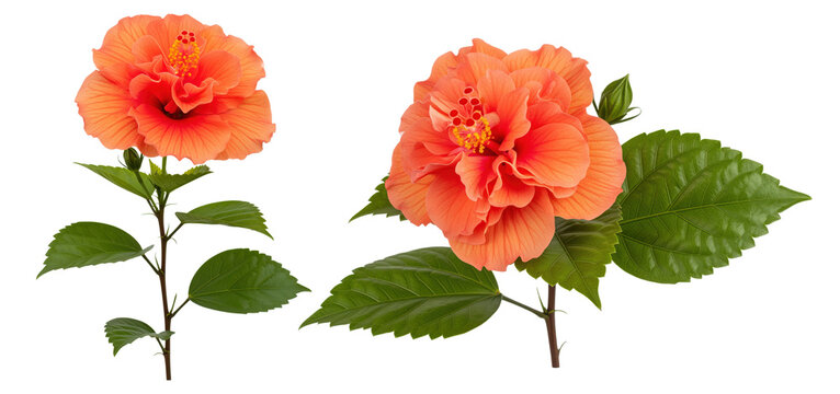Hibiscus flower cutout with tropical bloom and leafy stem for spa menu, summer invitation, botanical greeting card, wedding stationery and exotic garden decoration on transparent background