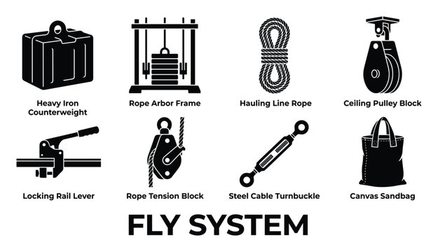 Fly system elements vector icons set counterweight rope pulley turnbuckle.