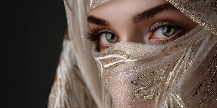 Womans eyes partially covered by a veil glimpsing out dark background