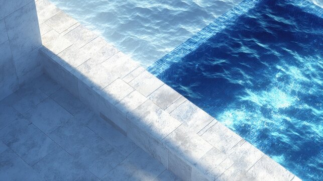 Clear blue water surface meets textured stone coping beside an architectural corner
