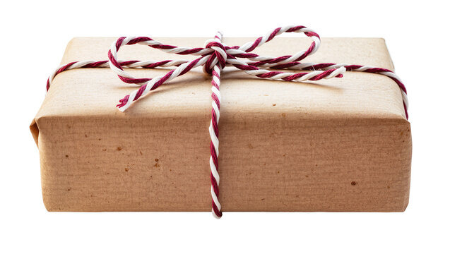 Brown paper gift box tied with red and white twine bow