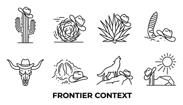 Frontier context cowboy hat on cactus and desert elements simple line art icons set vector.