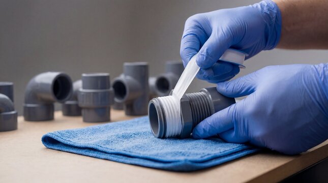 Plumber in blue nitrile gloves applying white PTFE thread seal tape to a grey PVC plumbing pipe fitting on a workbench