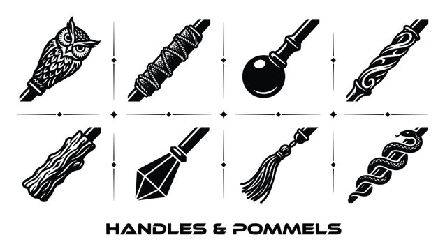 Handles and pommels for staffs and weapons ancient ornate designs.