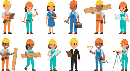 Fototapeta premium Diverse Construction Worker Character Vector Set with Builders, Architects, and Engineers for Labor Day, Industrial, and Professional Job Service Designs