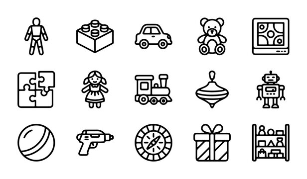 Childhood Toy Icons Set: Playful Vector Graphics for Kids' Fun and Games