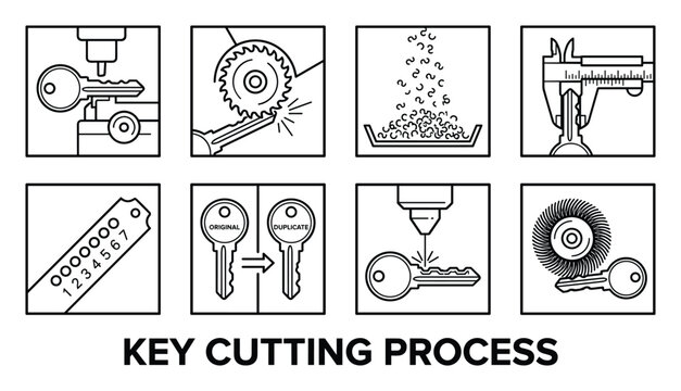 Key cutting process steps detailed illustration of creating duplicate keys with precision and care.