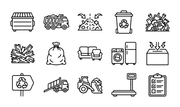 Waste Management Icons: Recycling, Garbage Truck, Dumpster, Bulky Items, Sorting, Disposal