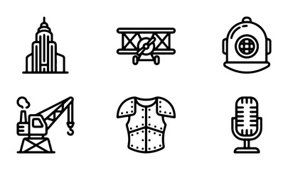 Vintage Icons Set: Building, Biplane, Diver Helmet, Crane, Armor, Microphone Vector Graphics © Ziaur