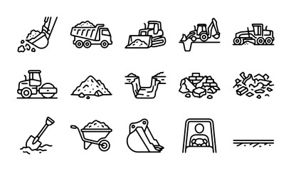 Construction Equipment Icons, Heavy Machinery Vector Set, Earthmoving Tools Collection, Industrial Line Art © Ziaur