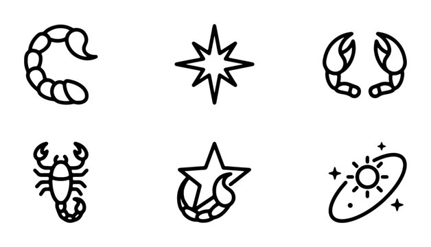 Scorpio Zodiac Constellation Icons, Astrology Symbols, Celestial Star Signs, Cosmic Galaxy Vector Set