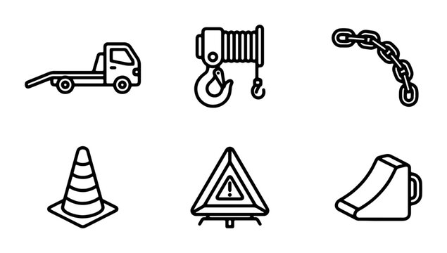 Roadside Assistance Icons: Tow Truck, Crane, Chain, Cone, Warning Sign, Wheel Chock Set