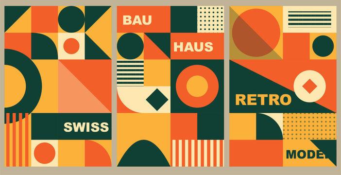 Abstract Bauhaus geometric posters with retro Swiss modular patterns for modern exhibition cover design