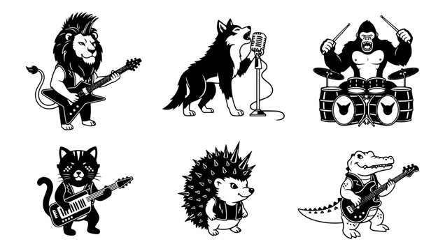 Cute Cartoon Animal Heads Collection in Black and White Line Art Style