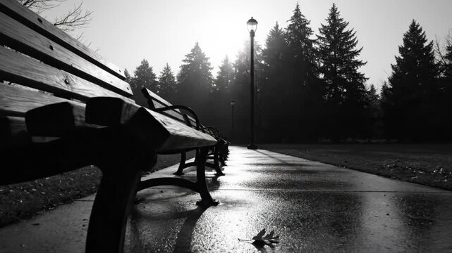 Black and White Park Bench on a Wet Pathway with Lamp Posts and Trees During the Day