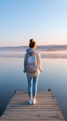 Obraz premium Young woman with backpack standing on a wooden jetty over a mist-covered lake at sunrise peaceful background for travel poster
