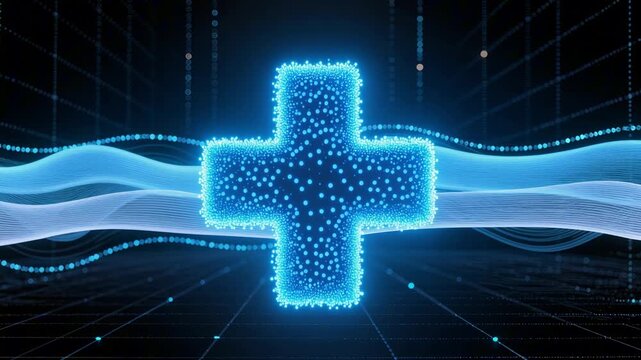 Glowing blue medical cross formed by digital particles with flowing data waves. Futuristic 3D abstract background for clinical healthcare analytics, telemedicine and digital health concept.