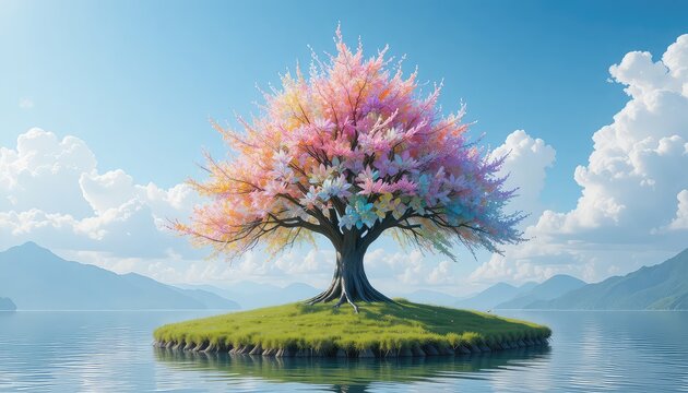 rainbow-colored glass blossom tree standing alone on a circular grassy island surrounded by pristine water, thousands of transparent glass petals catching sunligh