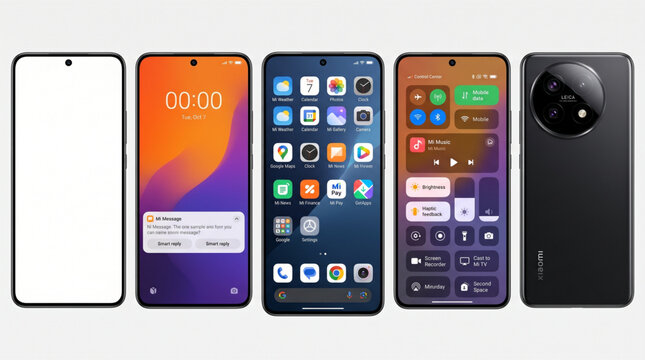 Xiaomi smartphone UI UX interface set showing lock screen with clock, home screen icons, control center settings and back view with Leica camera for mobile app development and mockup design.