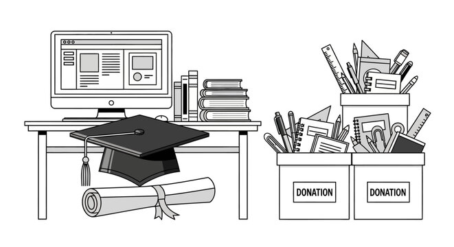 Graduation cap and diploma on a desk next to donation boxes filled with office supplies.