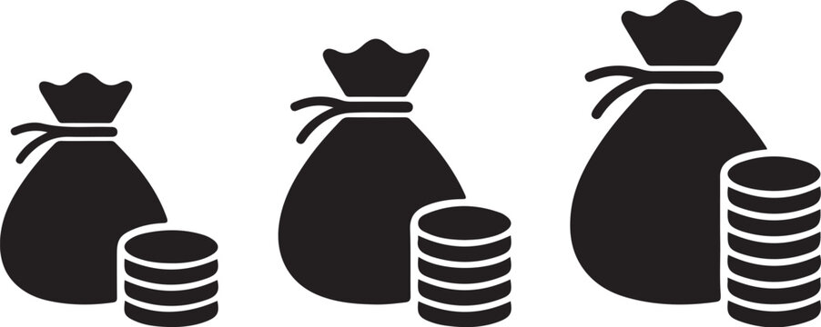 Money bag and coin stack icons. Black silhouette vector illustration of cash sacks. Financial wealth and banking symbols. Business savings icons. Treasure bag and currency stacks set. Minimalist 