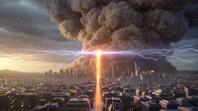 3D futuristic city protected by a glowing hexagonal barrier from a massive lightning storm. The dramatic dark sky shifts to hopeful light, symbolizing business security and resilience.