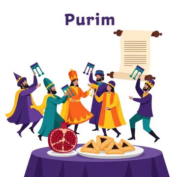 Purim celebration illustration with people, groggers and hamantaschen