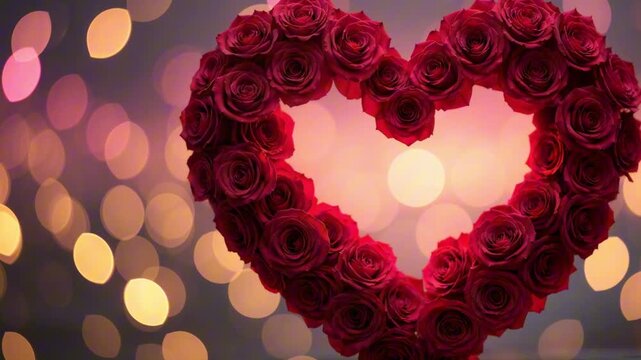 Red rose heart shape wreath against abstract defocused bokeh lights. Romantic background for Valentine's day card, wedding or anniversary expressing love, passion and tender emotions.
