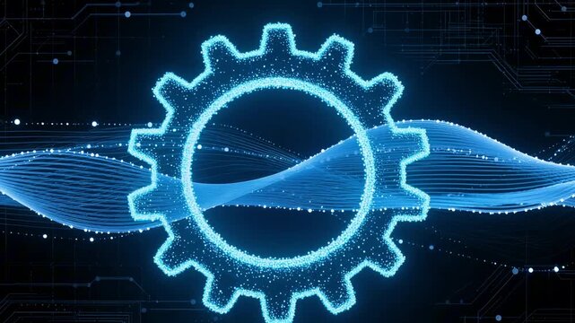 Glowing blue gear icon made of digital particles with flowing data waves. Futuristic abstract 3D background for industrial analytics, predictive maintenance and technology concepts.