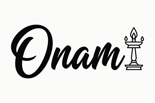 Onam festival typography design. Elegant handwritten script lettering with traditional Kerala lamp nilavilakku icon in black brush calligraphy style
