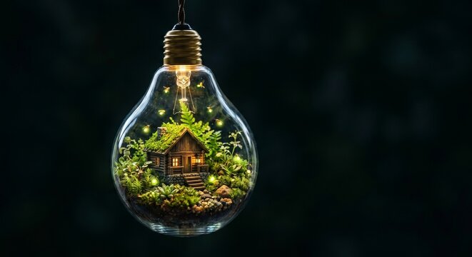 Magical Tiny World Illuminated in a Lightbulb Terrarium, with Glowing Fireflies and Cozy Log Cabin