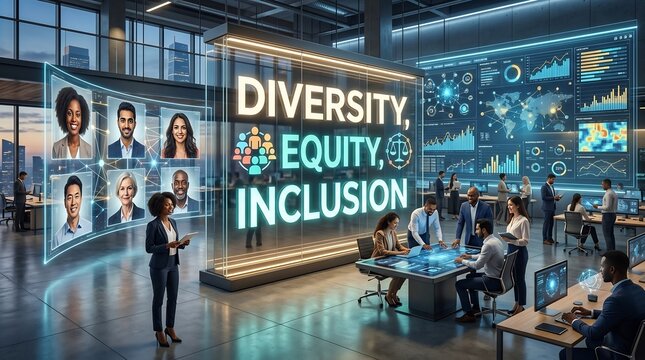 Diversity Equity Inclusion modern office display, multicultural business team, DEI corporate culture, innovation