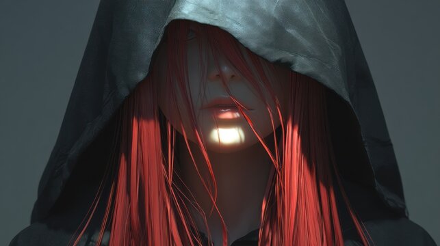 Woman with red hair and hooded cloak under dramatic lighting concept illustration