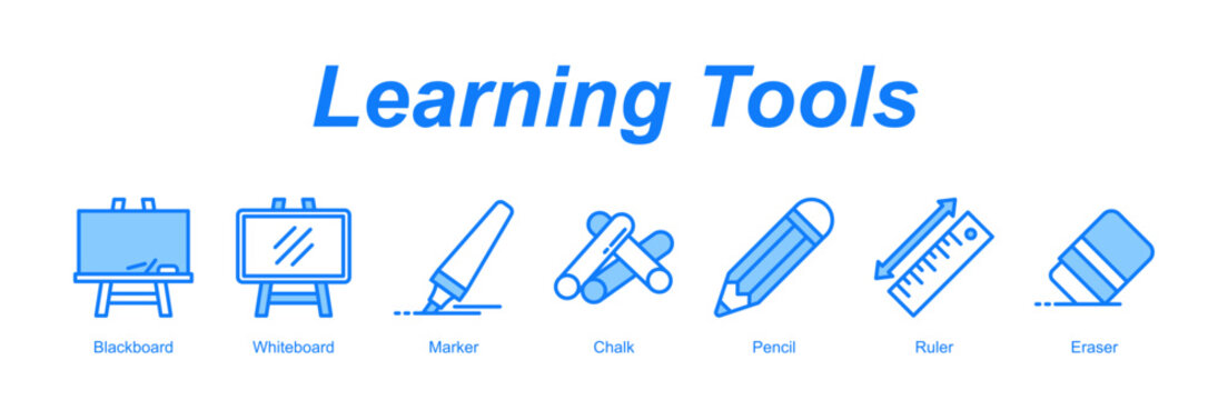 Learning Tools web banner icon concept for with icon of Blackboard, Whiteboard, Marker, Chalk, Pencil, Ruler, Eraser.