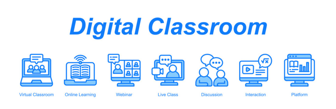 Digital Classroom web banner icon concept for with icon of Virtual Classroom, Online Learning, Webinar, Live Class, Discussion, Interaction, Platform.