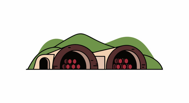 Underground cellar with barrels, carved into green hills