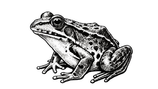 Detailed black and white drawing of a frog with spotted skin