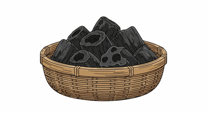 A woven basket filled with dark charcoal pieces