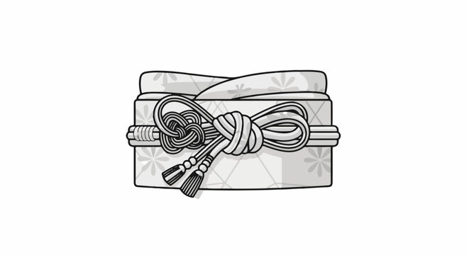 Ornate knot with tassels adorns a patterned gift box