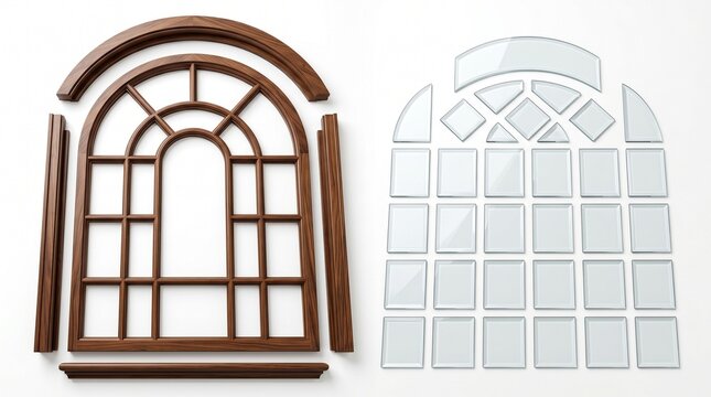 brown wooden glass panes assembled disassembled curved rectangular wood construction parts home improvement diy kit building materials house design pattern grid square pane