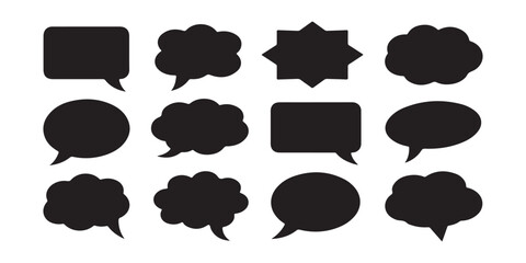 Fototapeta premium Different shapes of speech bubbles and thought clouds black silhouette vector icon set collection.