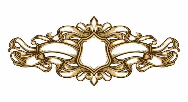 Ornate golden banner with empty shield, elegant scrolls, and ribbon details