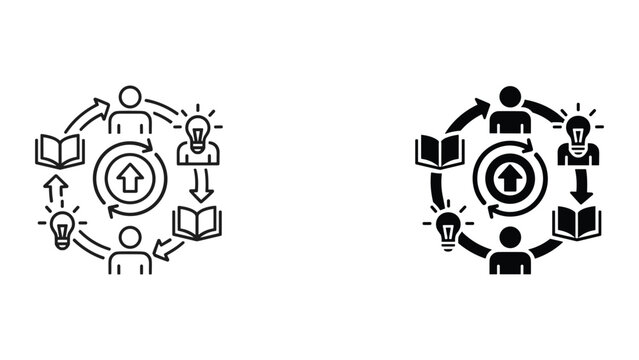 Knowledge transfer and learning loop icon set with books and lightbulbs for educational growth and training development concepts in professional black vector style for corporate training materials