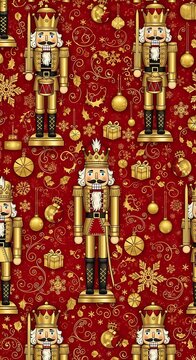 Festive Nutcracker Soldiers Arranged on Red Christmas Pattern Background