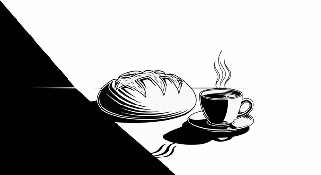 Black and white illustration of crusty bread and a steaming cup of coffee