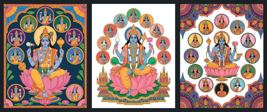 Lord Vishnu Dashavatara Poster Collection with Ten Avatars Illustration