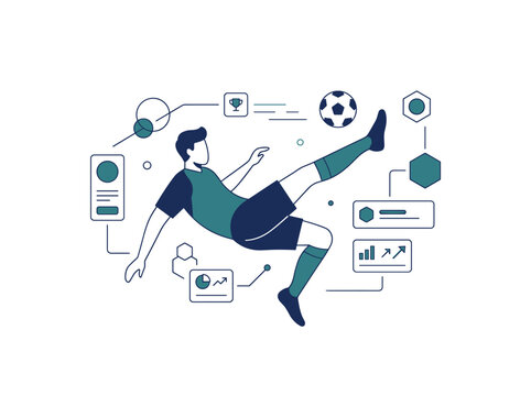 Soccer player kick shot vector illustration surrounded by digital performance data, game statistics and strategy analytics charts