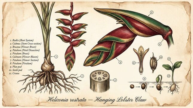 Botanical illustration of heliconia rostrata, also known as hanging lobster claw, showing plant anatomy, roots, stem crosssection, flower structure, and seed germination stages
