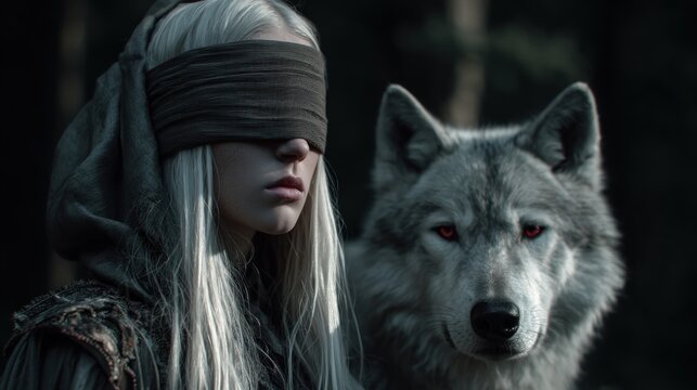 Woman with blindfold and wolf with red eyes in a natural dark setting