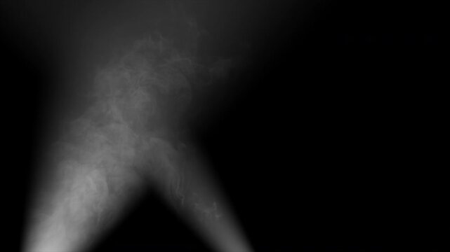 Dynamic concert lights activation over floating stage fog with one small sweeping beam and final blackout animation 4K
